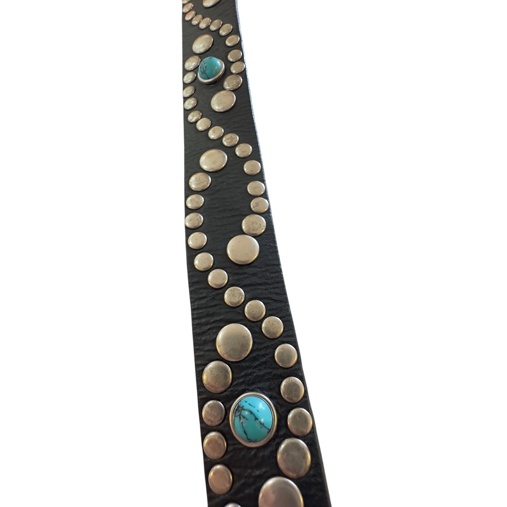Steve Madden Black Leather silver Studded Turquoise Gem Southwest Belt Womens - Picture 1 of 5